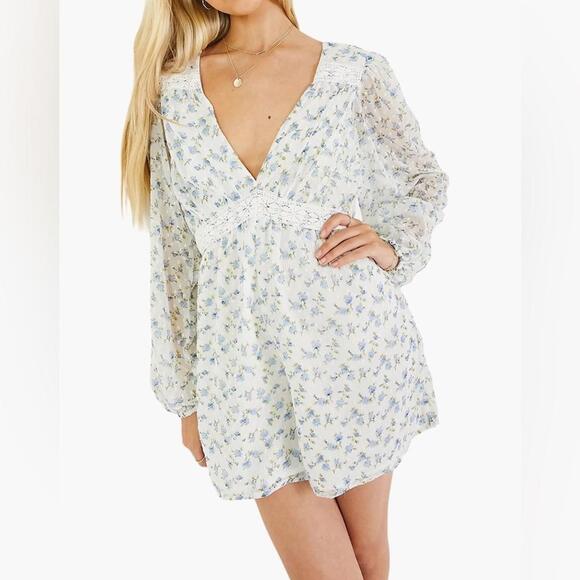 ASOS Blue Floral Chiffon Long Sleeve Romper Size: 8 - Picture 1 of 5